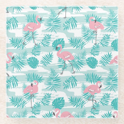 ピンクのフラミンゴ、緑のパーム葉の、トロピカル。 ガラスコースター (正面)