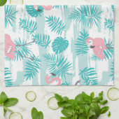 ピンクのフラミンゴ、緑のパーム葉の、トロピカル。 キッチンタオル (折り畳み)