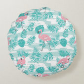ピンクのフラミンゴ、緑のパーム葉の、トロピカル。 ラウンドクッション (裏面)