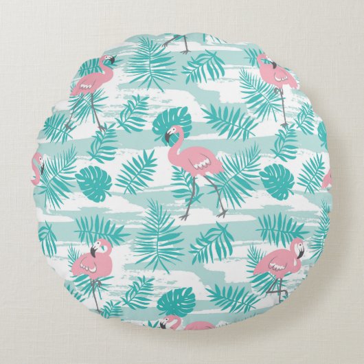 ピンクのフラミンゴ、緑のパーム葉の、トロピカル。 ラウンドクッション (正面)