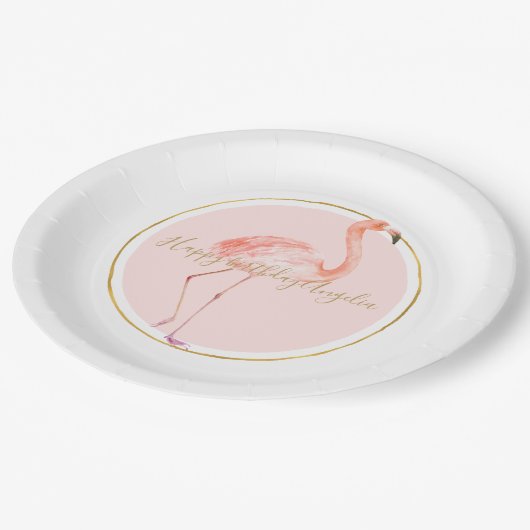 ピンクのフラミンゴ、金ゴールドと枠パーソナライズされた付き ペーパープレート (アングル)
