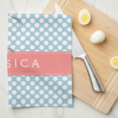 ピンクのフラミンゴ(青と白の水玉模様) キッチンタオル (四つ折り)