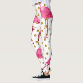 ピンクのフラミンゴ、黄金のドット、水色。 レギンス (左)