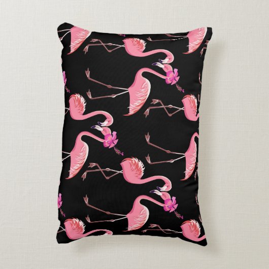 ピンクのフラミンゴ:黒い背景ヴィンテージ アクセントクッション (裏面(縦))