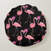 ピンクのフラミンゴ：黒い背景ヴィンテージ ラウンドクッション (裏面)