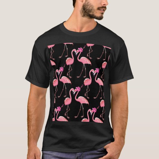 ピンクのフラミンゴ:黒い背景ヴィンテージ Tシャツ (正面)