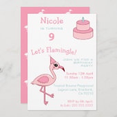 ピンクのフラミンゴ 9歳の誕生日パーティー招待状 招待状 (正面/裏面)