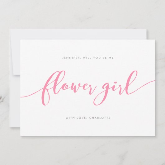 ピンクのフラワガールカード - ゆったりとしたスクリプトで「フラワガールになってくれる?」 招待状 (正面)