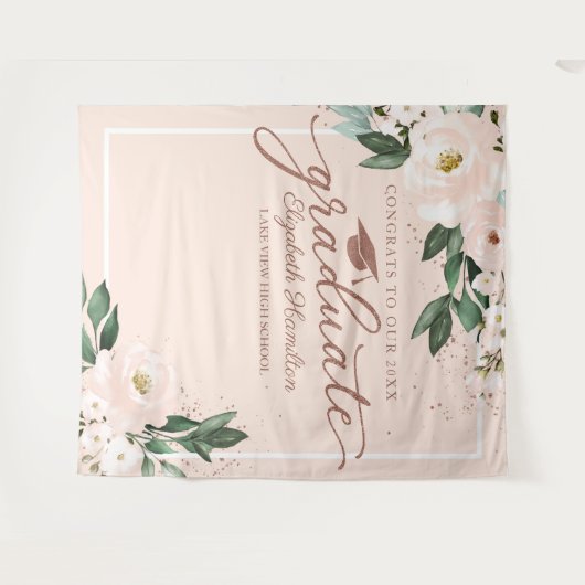 ピンクのフラワーブラッシュ 卒業パーティー フォトブース背景 タペストリー (正面(横))