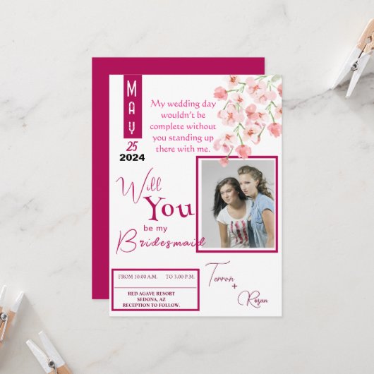 ピンクのフラワーワイン 招待状 (正面/裏面インサイチュ)