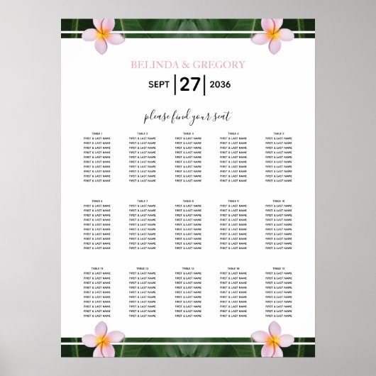 ピンクのフランジパニ プルメリア 結婚式 席次表 ポスター (正面)
