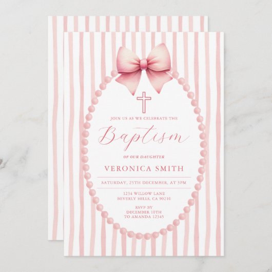 ピンクのフリル パール 洗礼 クロス 招待状 (正面/裏面)