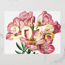 ピンクのフリージアの花 謹賀新年 2027 ゴールド 箔シーズンポストカード