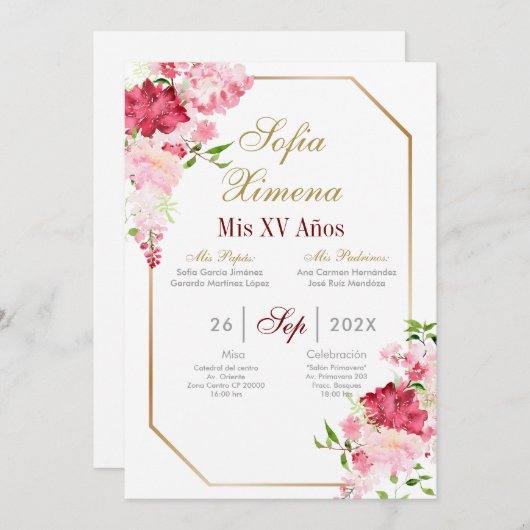 ピンクのフレームが付いた15歳の誕生日の招待状 招待状 (正面/裏面)