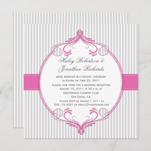 ピンクのフレームグレーストライプ白結婚色 招待状 (正面/裏面)