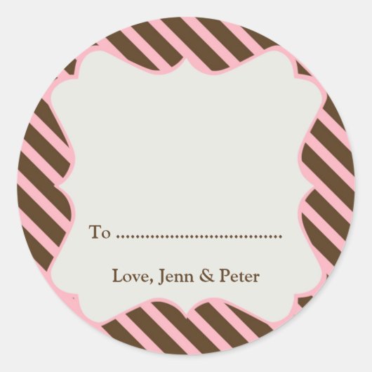 ピンクのフレームブラウンストライプクリスマスホリデーギフトラベル ラウンドシール (正面)