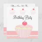 ピンクのフロスティングカップケーキの誕生日 招待状 (正面/裏面)
