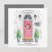 ピンクのフロントドアの引っ越し案内 招待状 (正面/裏面)