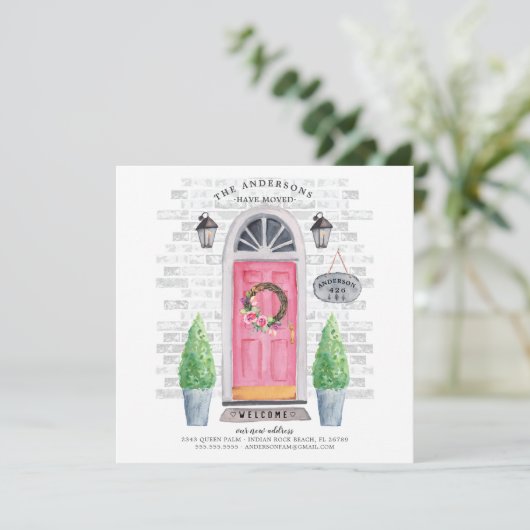 ピンクのフロントドアの引っ越し案内 招待状 (スタンド正面)