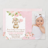 ピンクのフローラいくつかのバニー番号1番目の誕生日 招待状 (正面/裏面)
