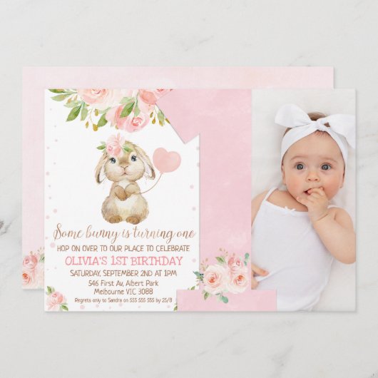 ピンクのフローラいくつかのバニー番号1番目の誕生日 招待状 (正面/裏面)