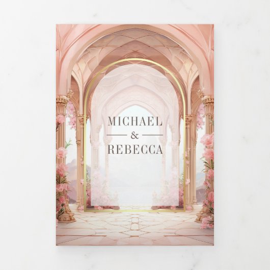 ピンクのフローラおとぎ話の城結婚すべて 三つ折り招待状 (カバー)