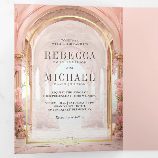 ピンクのフローラおとぎ話の城結婚すべて 三つ折り招待状 (内部最初)