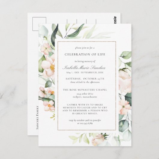 ピンクのフローラお祝いの生活葬式はがき ポストカード (正面/裏面)