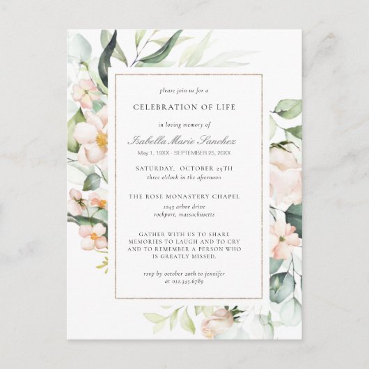 ピンクのフローラお祝いの生活葬式はがき ポストカード (正面)