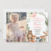 ピンクのフローラかわいいウッドランドの女の子の誕生日の写真 招待状 (正面)