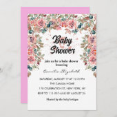 ピンクのフローラかわいらし水彩花ベビーシャワー 招待状 (正面/裏面)