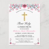 ピンクのフローラかわいらし金ゴールドクロス最初の聖餐式 インビテーションポストカード (正面)
