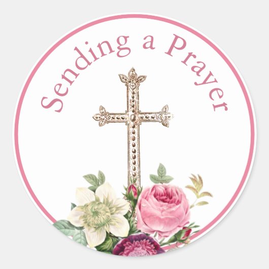 ピンクのフローラが宗教的な祈りの言葉を送る ラウンドシール (正面)