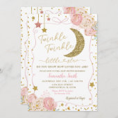 ピンクのフローラきらめく手を引いた赤ちゃんシャワー 招待状 (正面/裏面)