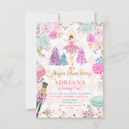 ピンクのフローラくるみ割りカーザトウシュガープラム誕生日 招待状 (正面)