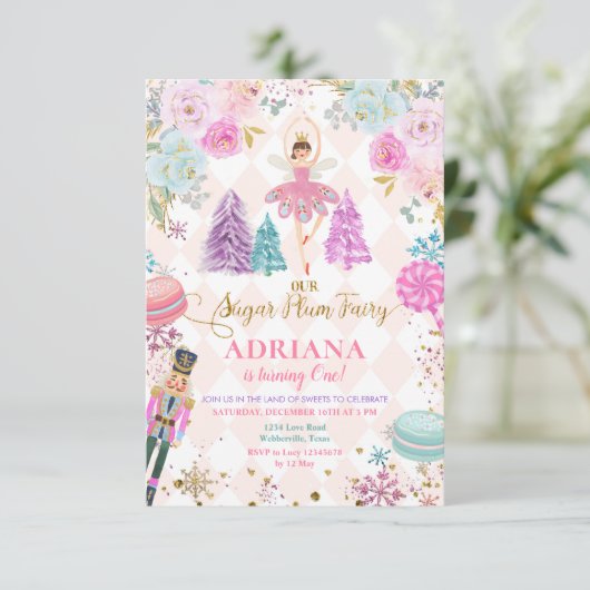 ピンクのフローラくるみ割りカーザトウシュガープラム誕生日 招待状 (スタンド正面)