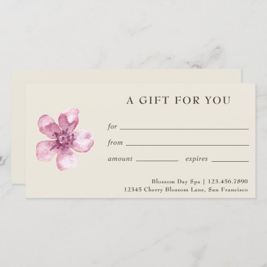 ピンクのフローラさくらんぼブロッサムギフト証明書 (正面/裏面)