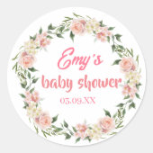 ピンクのフローラで開花の赤ちゃんシャワー女の子 ラウンドシール (正面)