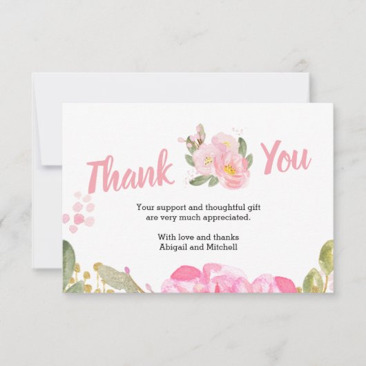 ピンクのフローラとはっきりした手書きスクリプト サンキューカード (正面)