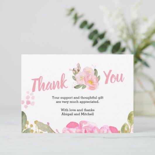 ピンクのフローラとはっきりした手書きスクリプト サンキューカード (スタンド正面)