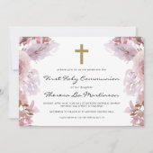 ピンクのフローラとクロス・ファースト・神聖な聖餐式 招待状 (正面)