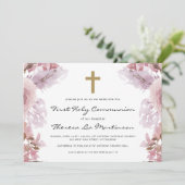 ピンクのフローラとクロス・ファースト・神聖な聖餐式 招待状 (スタンド正面)