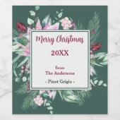 ピンクのフローラとグリーンクリスマスワインラベル ワインラベル (シングルラベル)