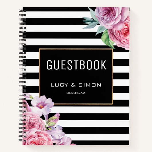 ピンクのフローラとストライプ ノートブック (正面)