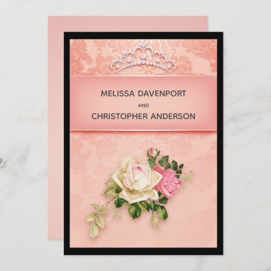ピンクのフローラとダイヤモンドティアラエレガントな結婚式の請求書 招待状 (正面/裏面)