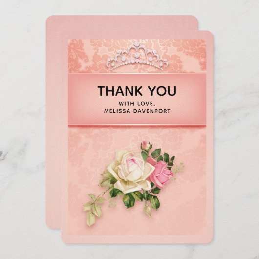 ピンクのフローラとダイヤモンドティアラエレガントデザイン サンキューカード (正面/裏面)