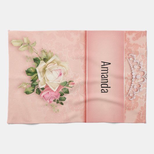 ピンクのフローラとダイヤモンドティアラプリンセスデザイン キッチンタオル (横)