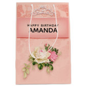 ピンクのフローラとダイヤモンドティアラプリンセスデザイン ミディアムペーパーバッグ (正面)