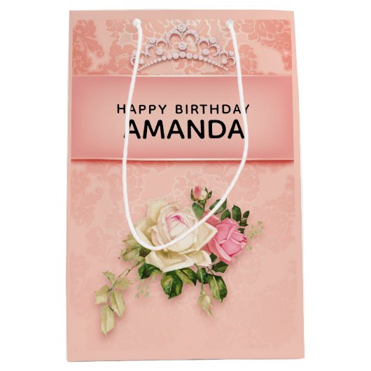 ピンクのフローラとダイヤモンドティアラプリンセスデザイン ミディアムペーパーバッグ (正面)
