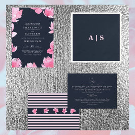 ピンクのフローラとダークネイビーの水色結婚の色 招待状